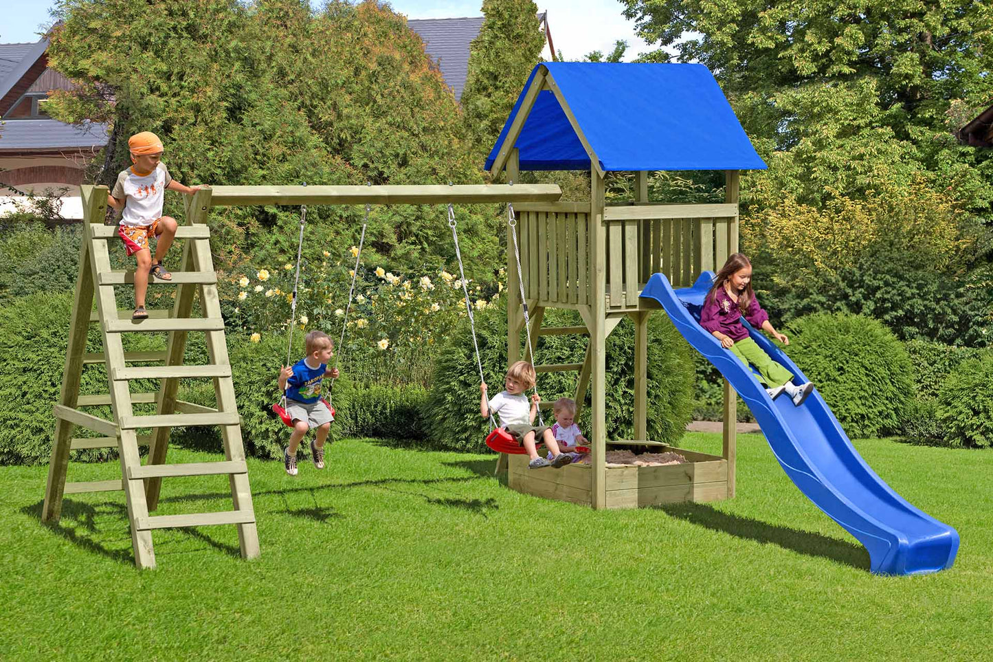 Spielanlage Aleks mit Doppelschaukel, Leiter & Sandkasten